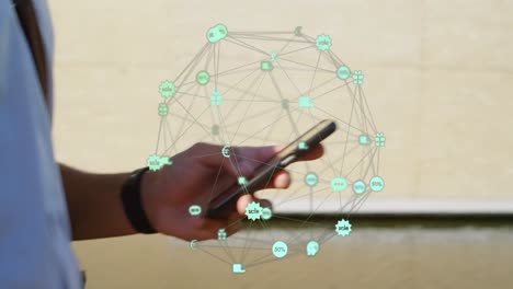 primer plano de la red digital 3d y alguien que usa un teléfono inteligente