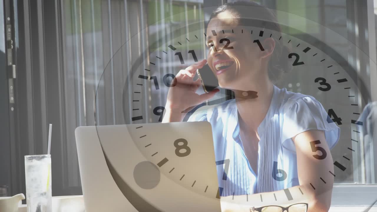 Woman at window answering phone call, clock overlay advancing, mood becoming cheerful business chat