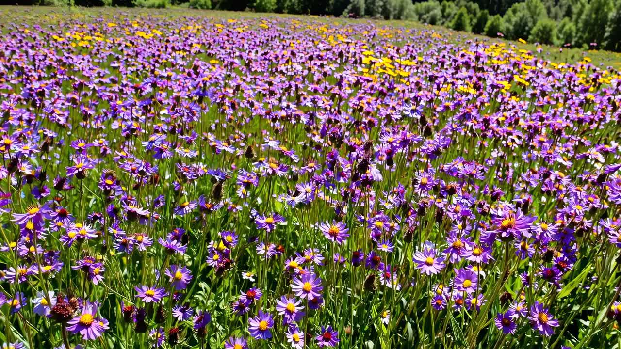Primo piano di vivaci fiori selvatici in un prato, ripreso da un'angolazione bassa.