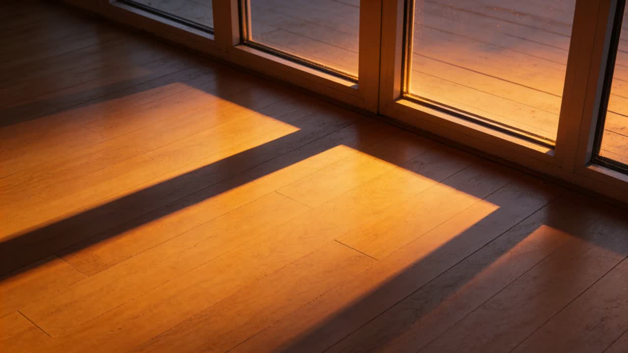 En forskydende solplet glider hen over et trægulv gennem skydedøre med rammeskygger, mens solen går ned.
