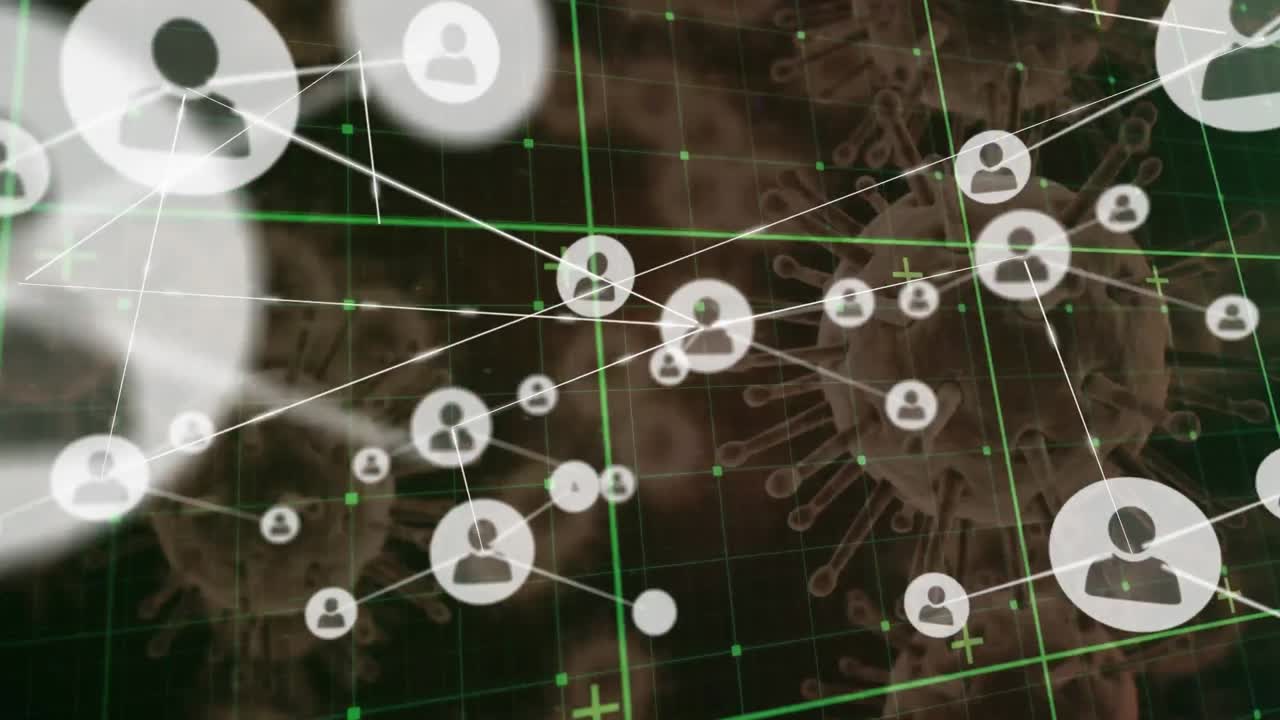 анимация клеток covid-19, плавающих с сетями соединений через сеть