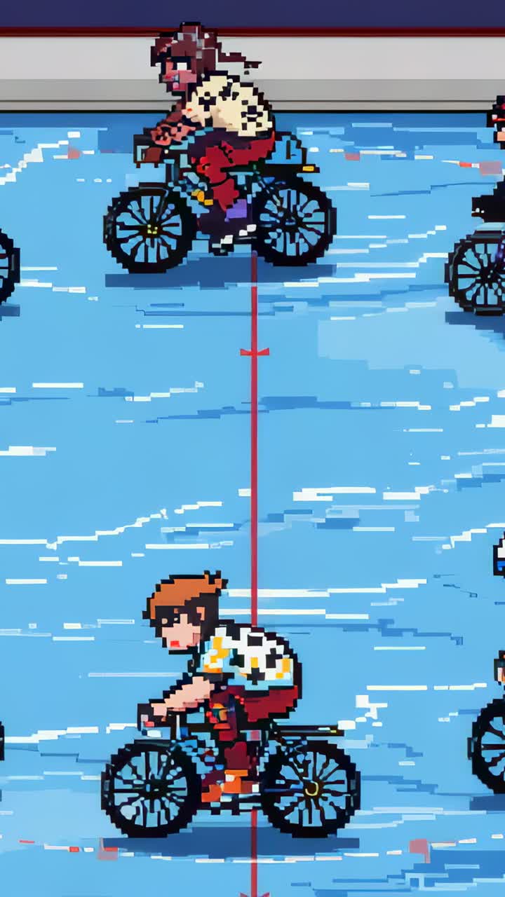 Vertical video: Racing cyclist in floral tee and red pants on bike on blue track chasing red marker