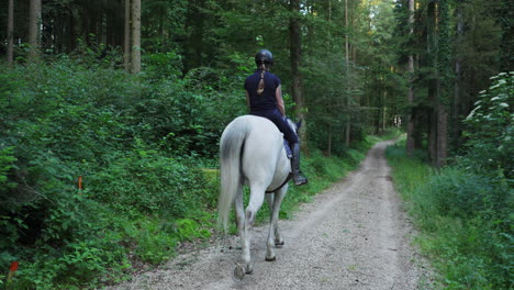 a woman rides a white horse through the forest