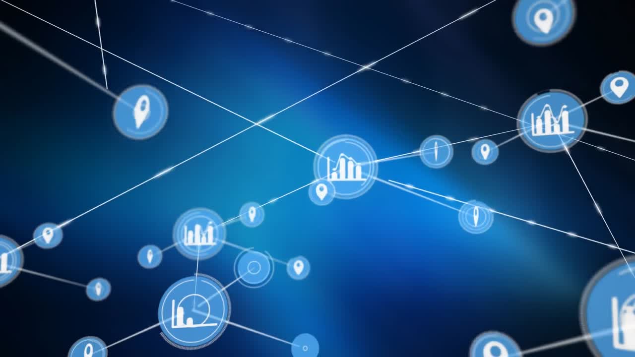 Animation of network of digital icons over blue glowing effect against black background