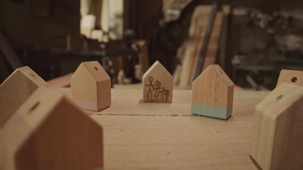 Handmade Wooden Houses with Family Illustration