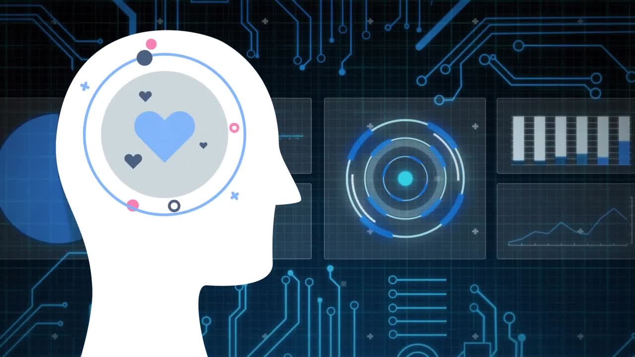 검은 바탕에 심장과 연결 네트워크를 가진 인간의 머리의 애니메이션