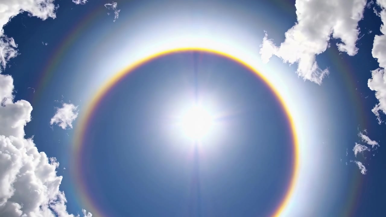 雲が浮かぶ澄み切った青空に現れる日暈