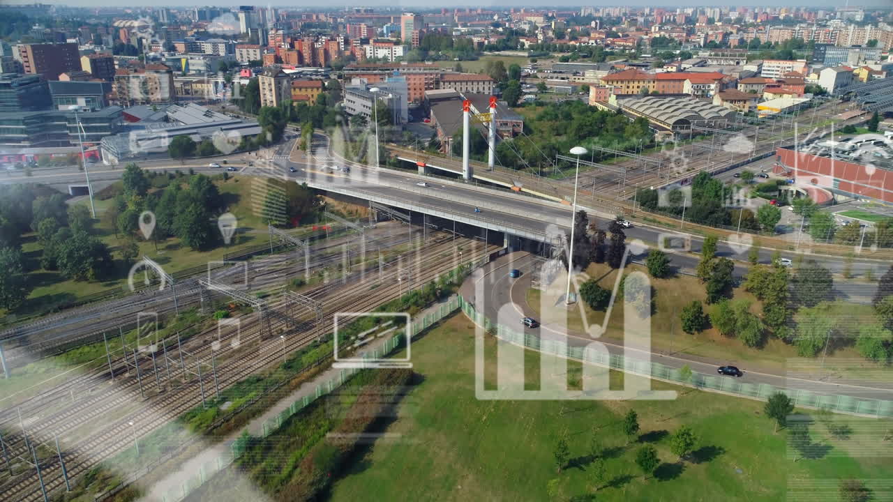 Městská krajina s dopravní infrastrukturou a překryvnou animací datové analýzy.