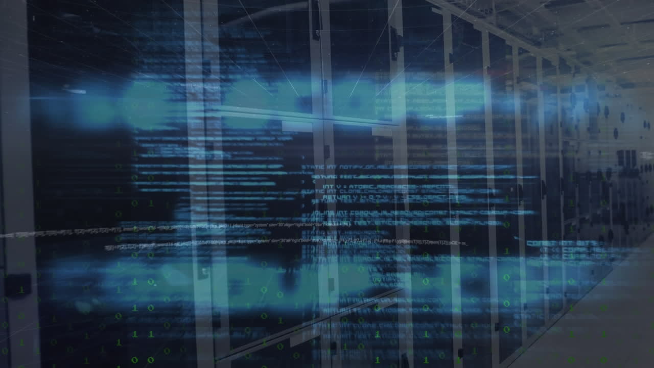 Animation of computer language over falling letters against server room in background