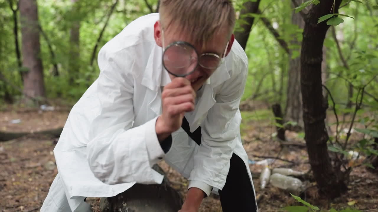 Young scientific researcher in white lab coat bending over fallen stump with microscope for detailed observation in dense forest, examining natural growth and studying ecological environment outdoors
