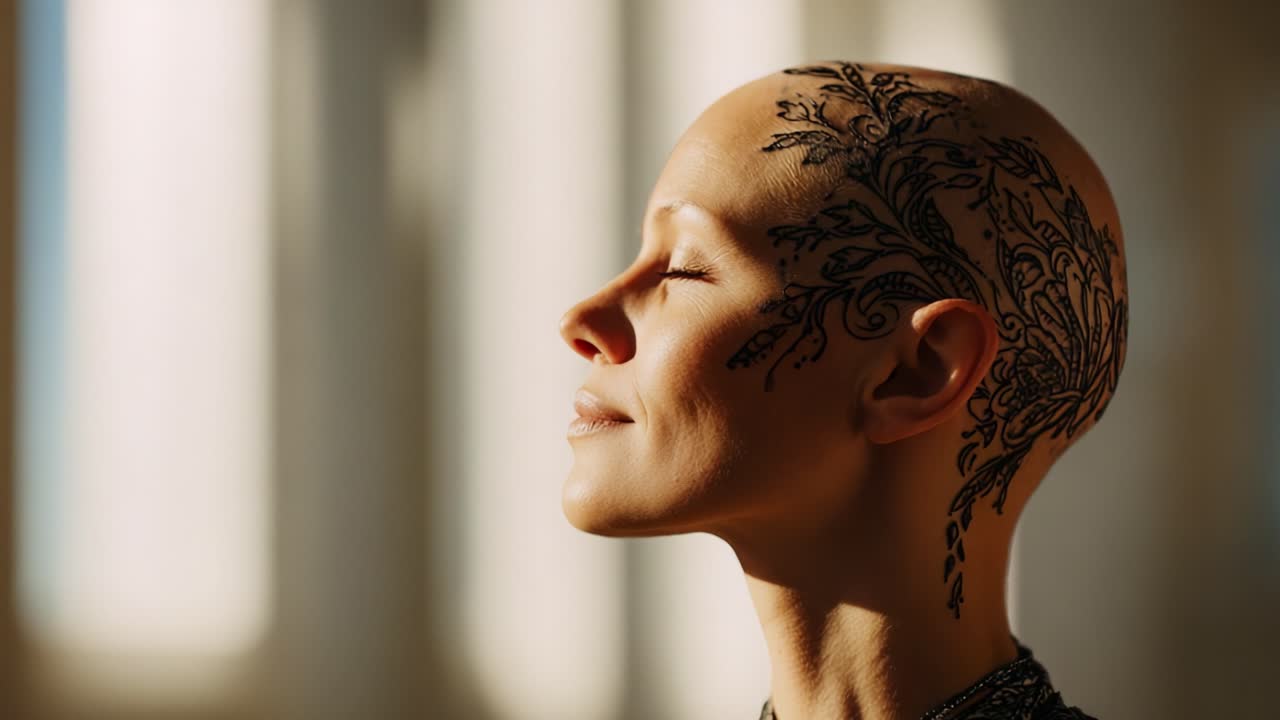 A Serene Portrait of a Bald Woman with Intricate Hair Tattoo Embracing Natural Light in a Minimalistic Surrounding, Capturing the Essence of Beauty and Mindfulness