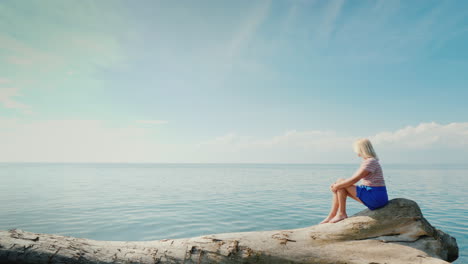 Eine-Junge-Frau-Bewundert-Das-Grenzenlose-Meer,-Das-Mit-Dem-Himmel-Verschmilzt,-Sitzt-Auf-Einem-Baumstamm-In-Einem-Malerischen-Platz