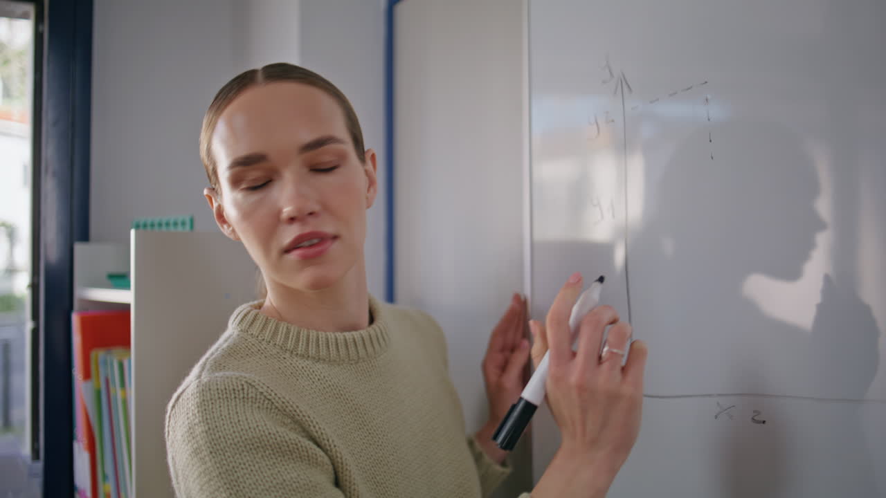 School teacher solving math problems whiteboard closeup. Woman drawing diagrams