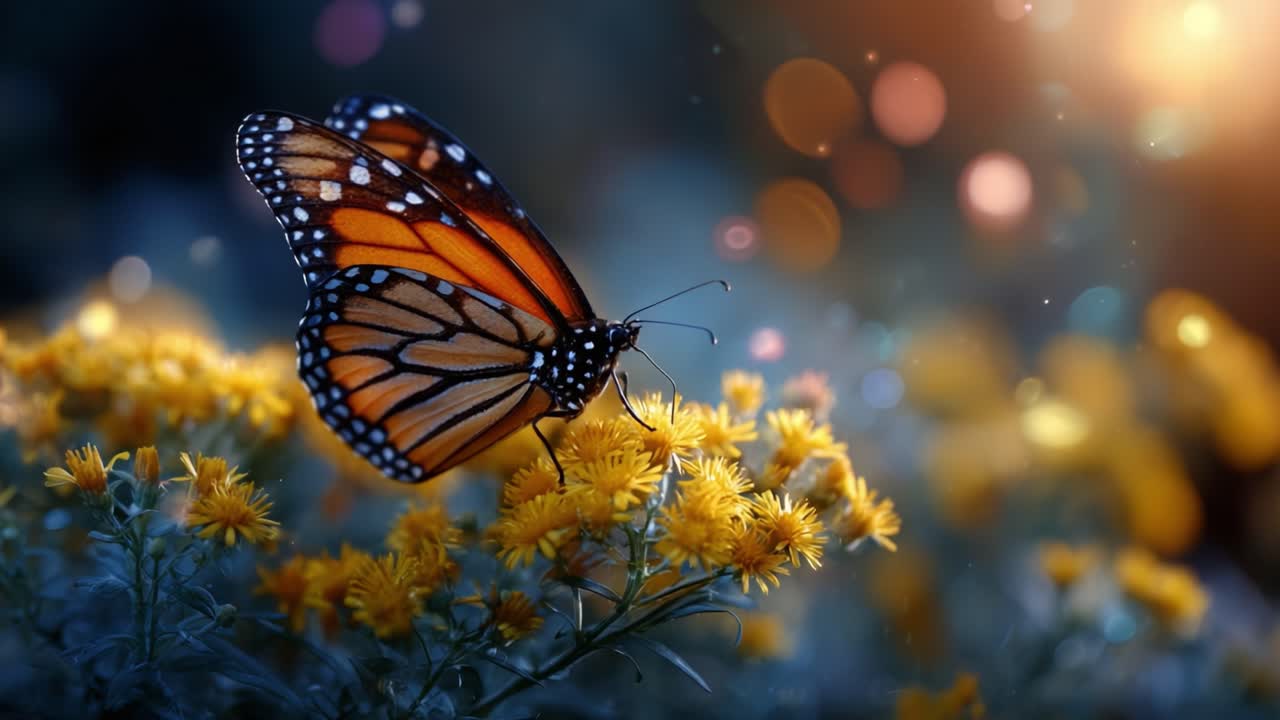 A Stunning Monarch Butterfly perches gracefully on vibrant yellow flowers, capturing the essence of nature's beauty and the delicate balance of a serene garden environment