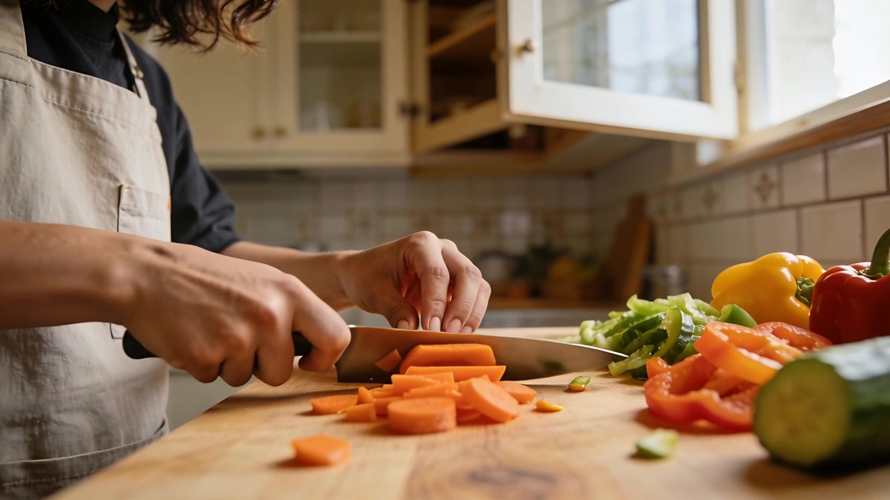 Donna con grembiule chiaro che posiziona una carota, affettandola su un tagliere vicino alla finestra per un pasto, usando un coltello da chef.