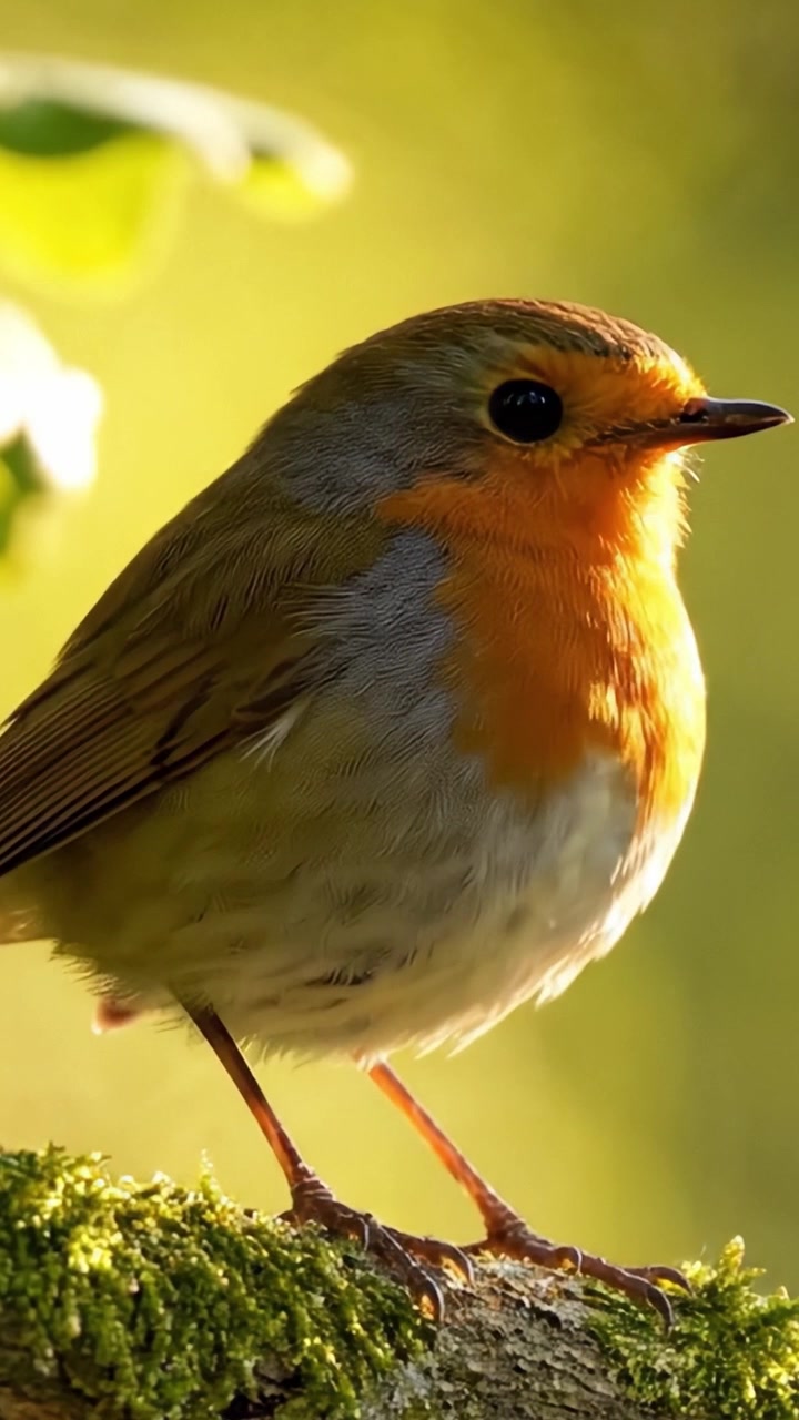 Un bellissimo uccello appollaiato su un ramo coperto di muschio, che mostra i suoi colori vivaci contro uno sfondo morbido e sfocato in un ambiente esterno sereno.