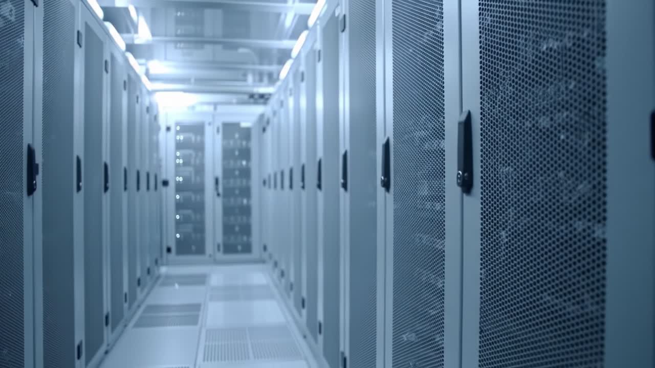 High-tech server rooms showcase rows of modern servers housed in sleek cabinets. The environment highlights efficient cooling systems and impressive data management capabilities.