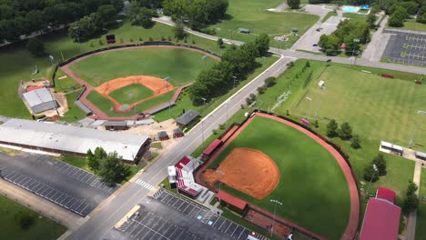 an aerial half orbit of the baseball fields at austin peay university in clarksville, tn