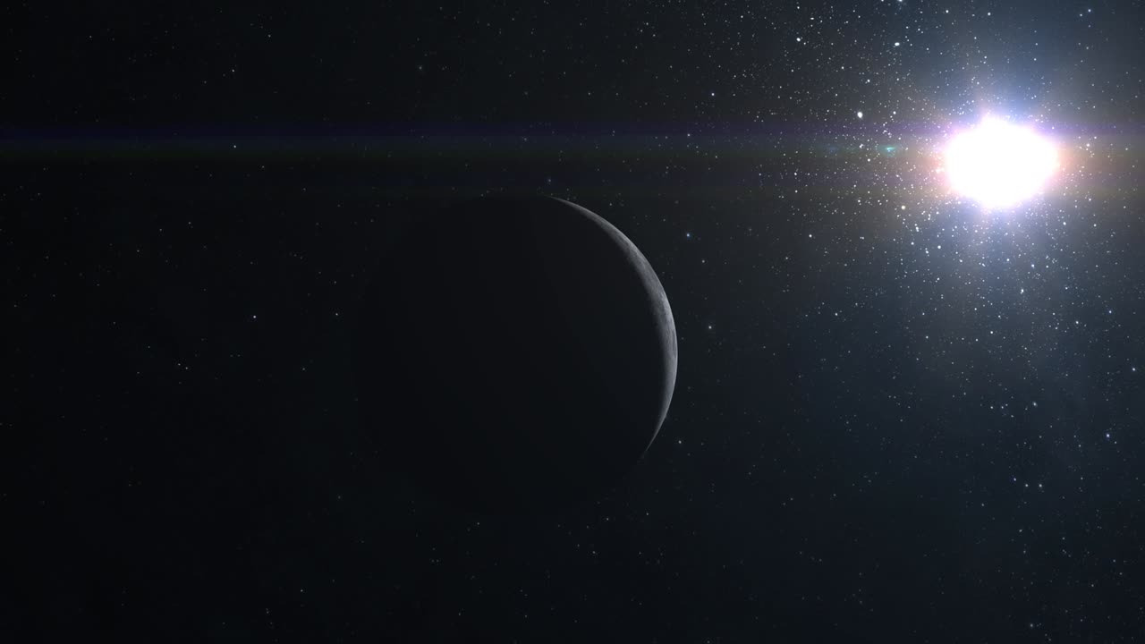 The camera flies around the moon. The moon moves to the left. View from space. Stars twinkle. 4K.