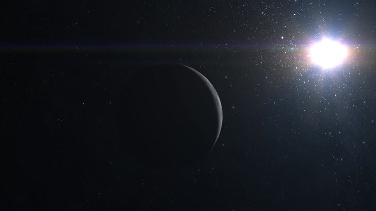 The camera flies around the moon. The moon moves to the left. View from space. Stars twinkle. 4K.
