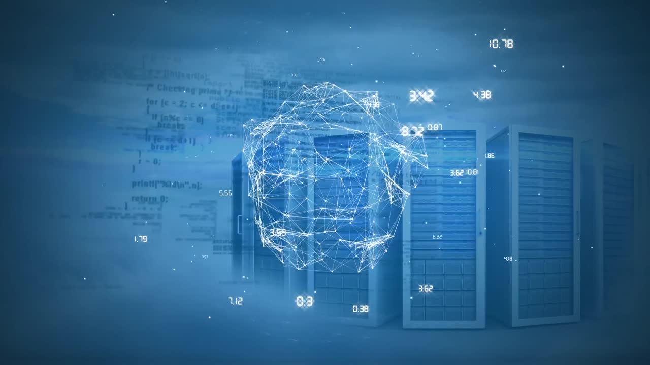 Animation af en drejende globus med et servertårn