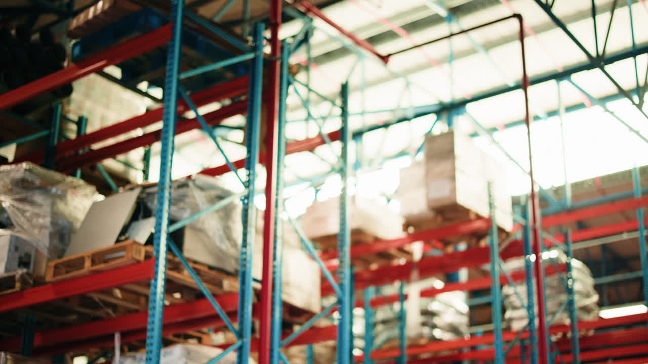 Blurred Industrial Warehouse Interior with Storage Racks