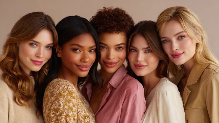 Un gruppo eterogeneo di cinque giovani donne che mostrano gioia e sicurezza in un ambiente caldo e con illuminazione soffusa, celebrando la bellezza naturale attraverso vari colori di capelli, tonalità della pelle e stili in un ritratto sentito