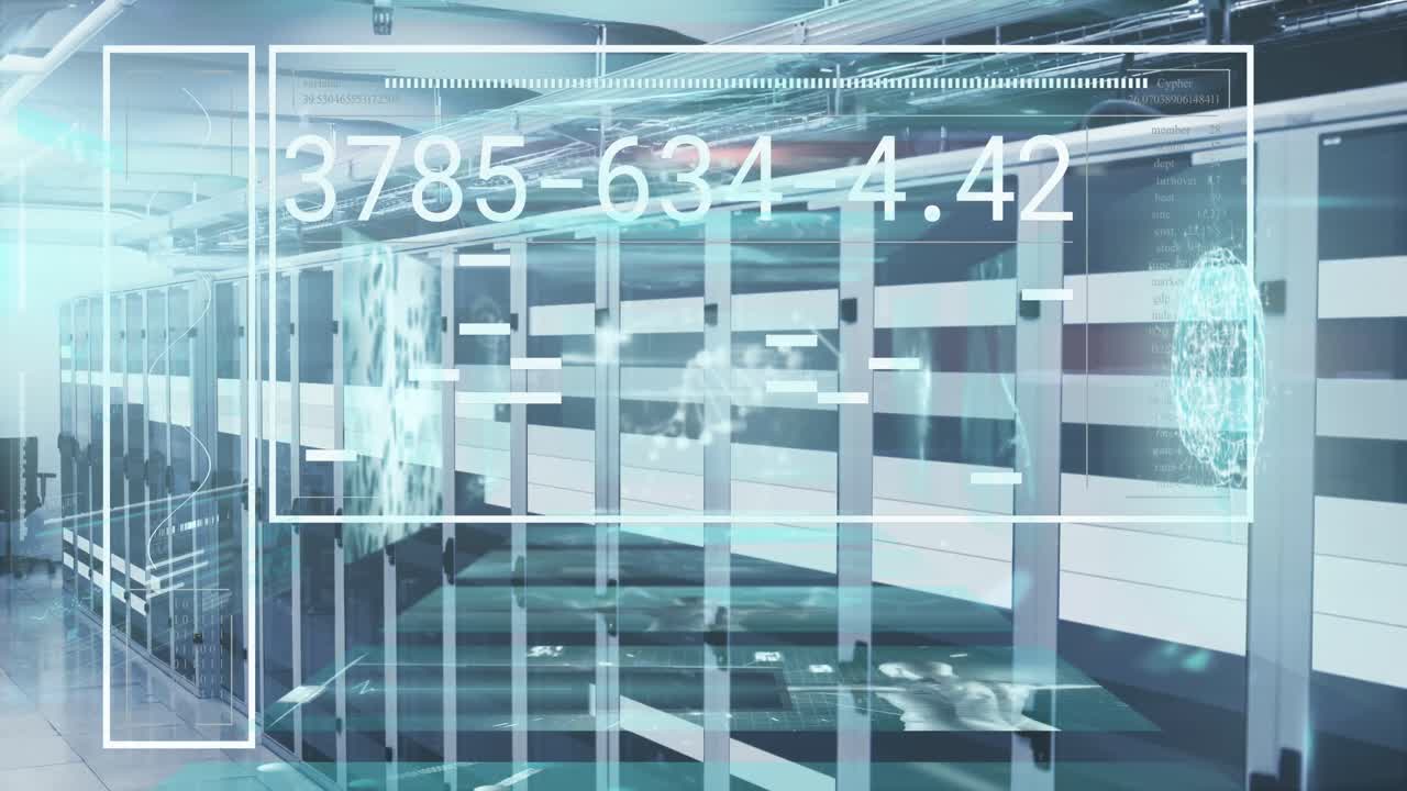 animación de números y procesamiento de datos en pantalla a través de servidores informáticos