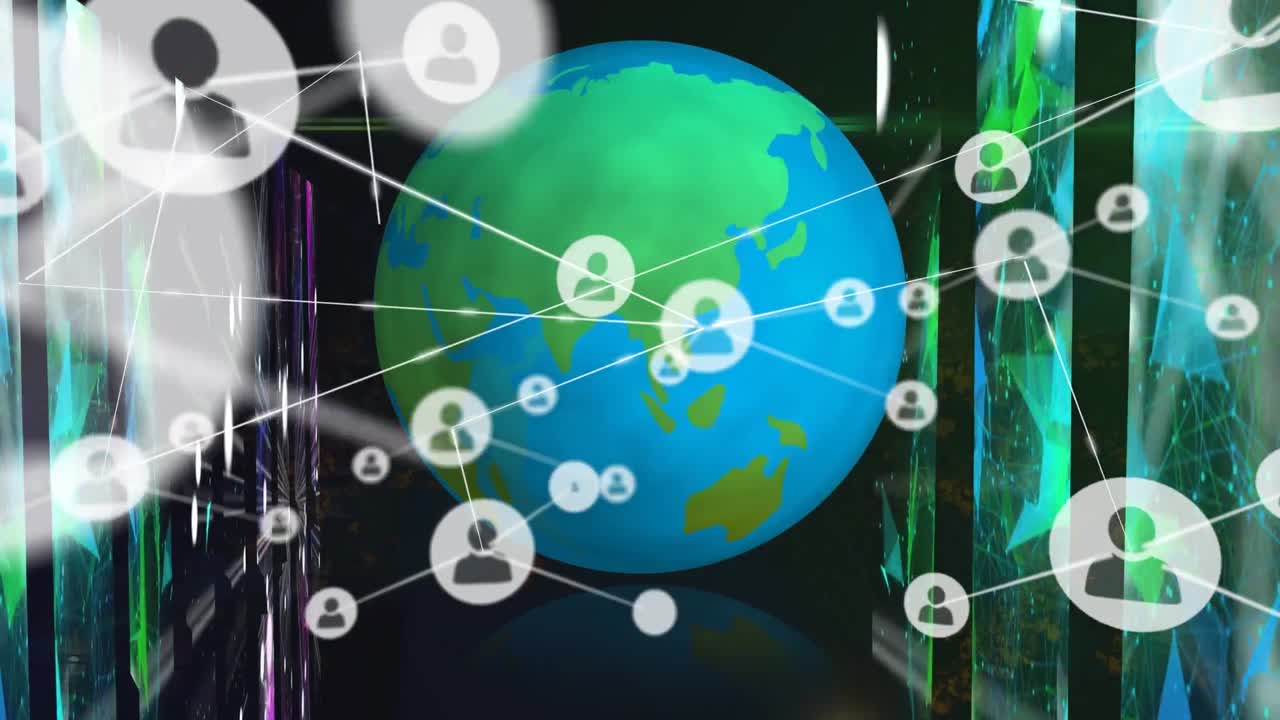 animación del globo con una red de iconos de personas y paneles coloridos de procesamiento de datos