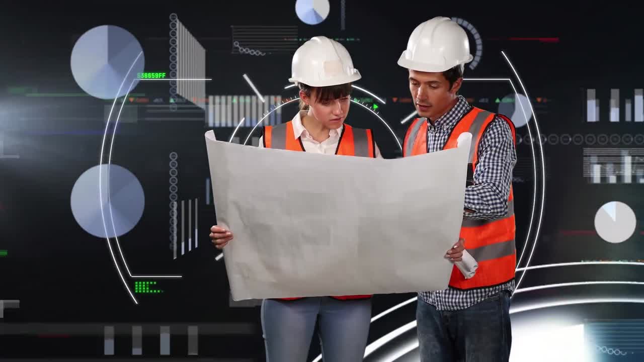 animación del visor, gráfico y datos con glitch sobre ingenieros caucásicos femeninos y masculinos.