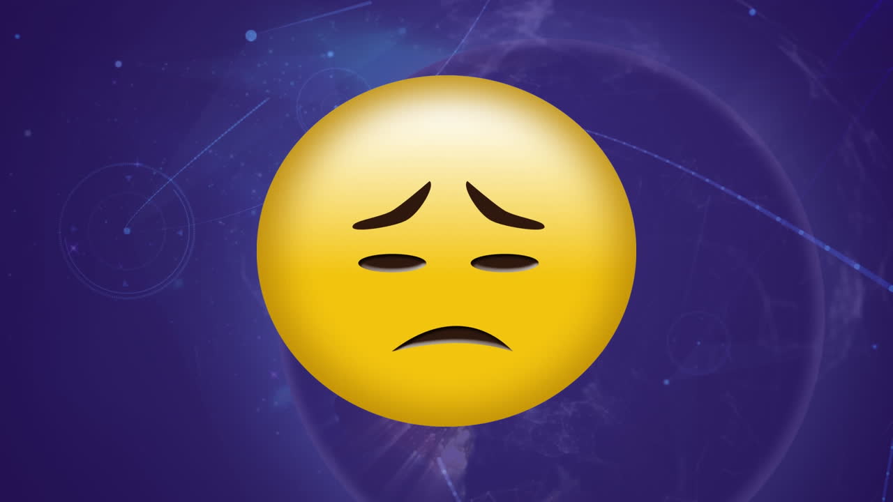Animace ikony smutného emoji přes síť spojení a glóbus.