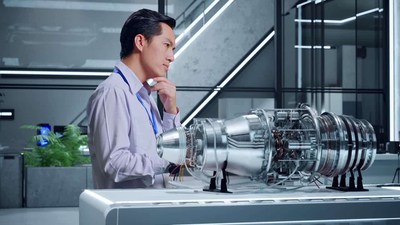 첨단 제트 엔진을 검사하는 엔지니어