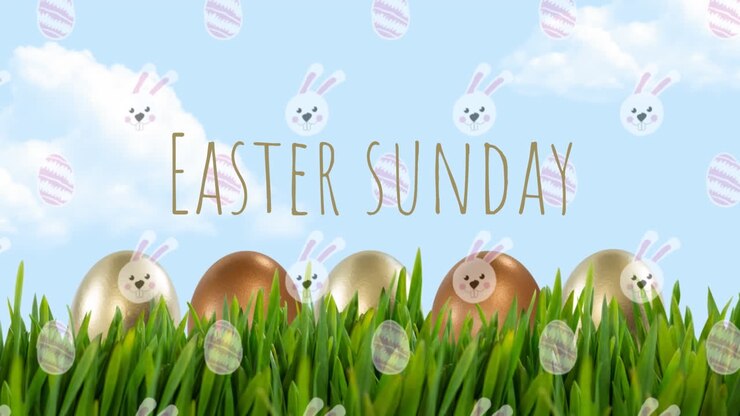 Animation of eastern sunday text and bunny pattern over grass and sky
