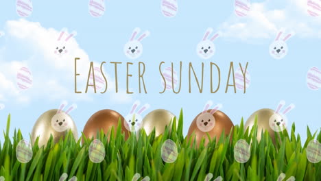 animation of eastern sunday text and bunny pattern over grass and sky