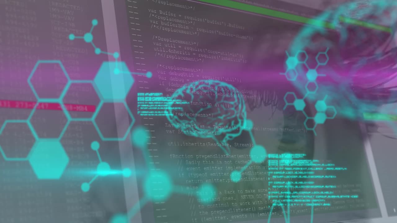 animación de fórmulas químicas y procesamiento de datos sobre el cerebro y el ojo de la mujer