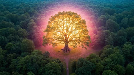 a majestic tree illuminated by a radiant glow, surrounded by lush forest, symbolizing life, nature, and the beauty of the natural world in a magical atmosphere