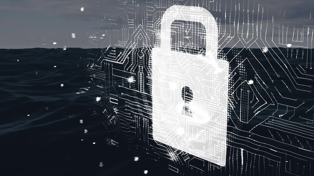 Animation of cyber security over sea waves