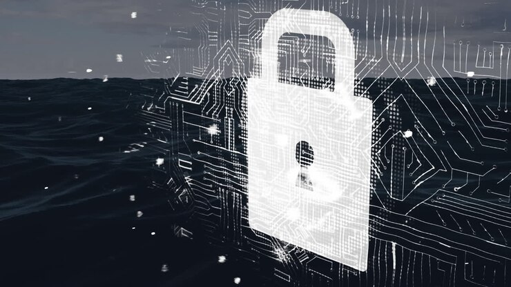 Animazione di sicurezza informatica su onde marine