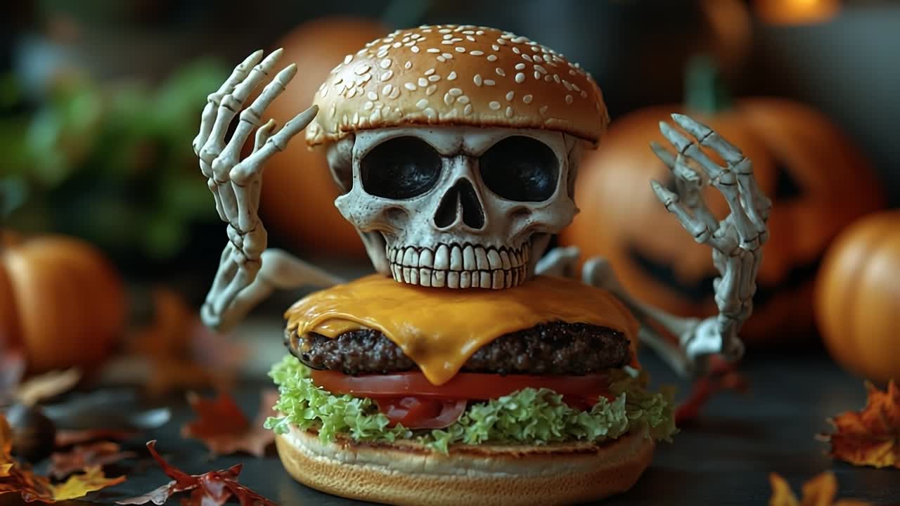 Skeleton mascot joins Halloween burger!. A playful skeleton holds a cheeseburger surrounded by pumpkins and autumn leaves, celebrating the Halloween spirit.