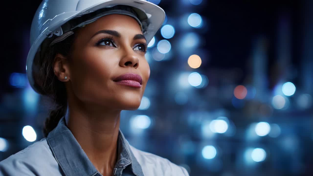 A Contemplative Moment: An Engineer in a Hard Hat Gazes Upwards, Reflecting on Her Ambitions Against a Vibrant Nighttime Cityscape Background with Soft Bokeh Lights