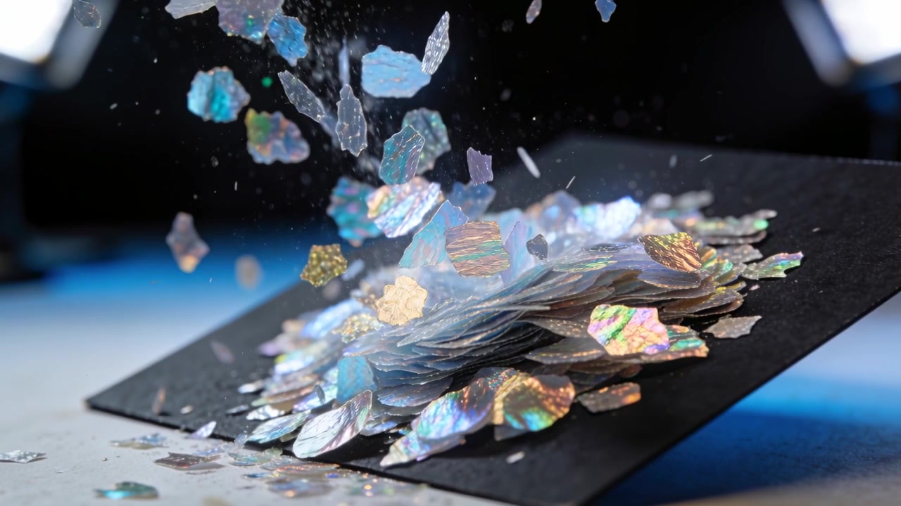 Falling iridescent flakes from offscreen, hitting black card on table and forming pile under lights
