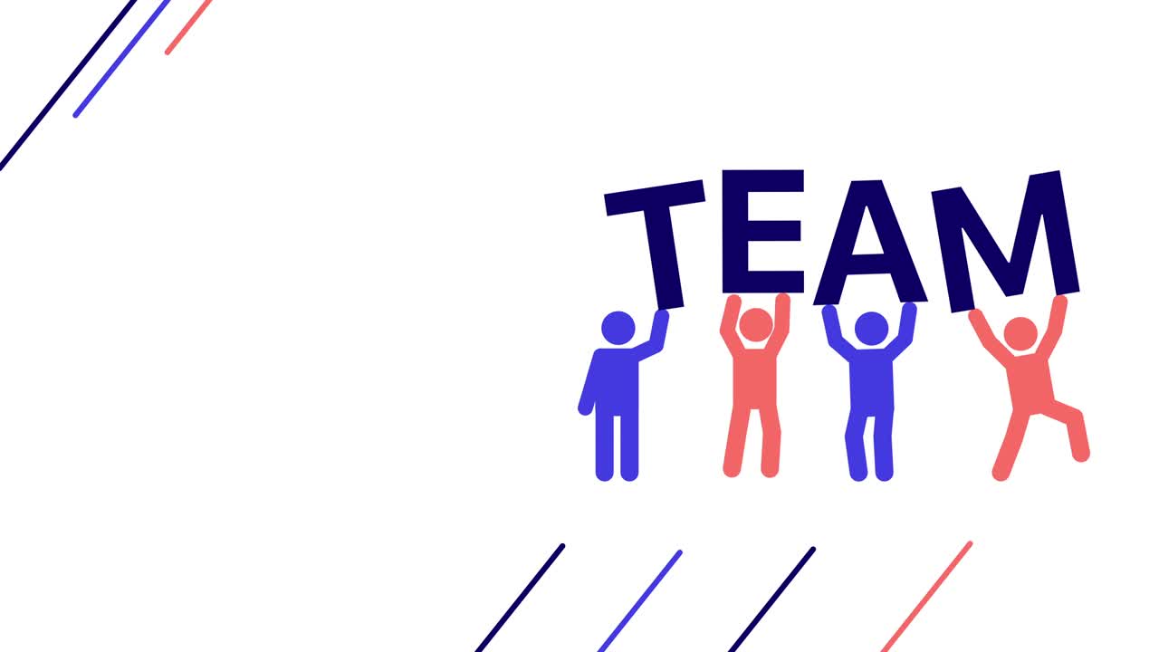 만화 인간 아이콘의 4k 비디오는 평평한 스타일로 단어 팀을 들고 있습니다.