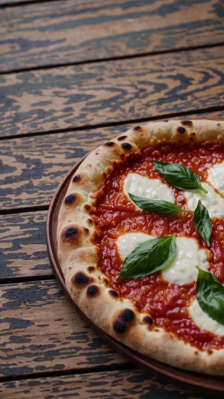 Primo piano di una pizza Margherita con basilico su un tavolo di legno
