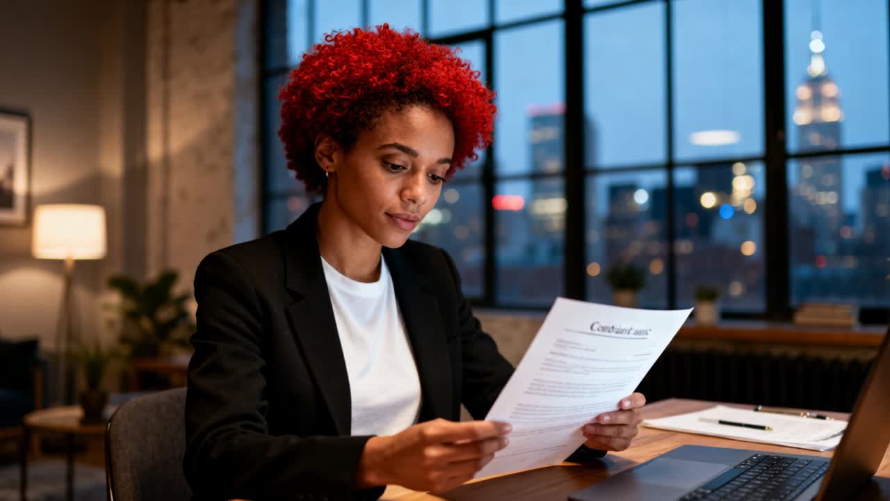 Reading woman in black blazer reviewing contract at office desk, checking laptop before signing