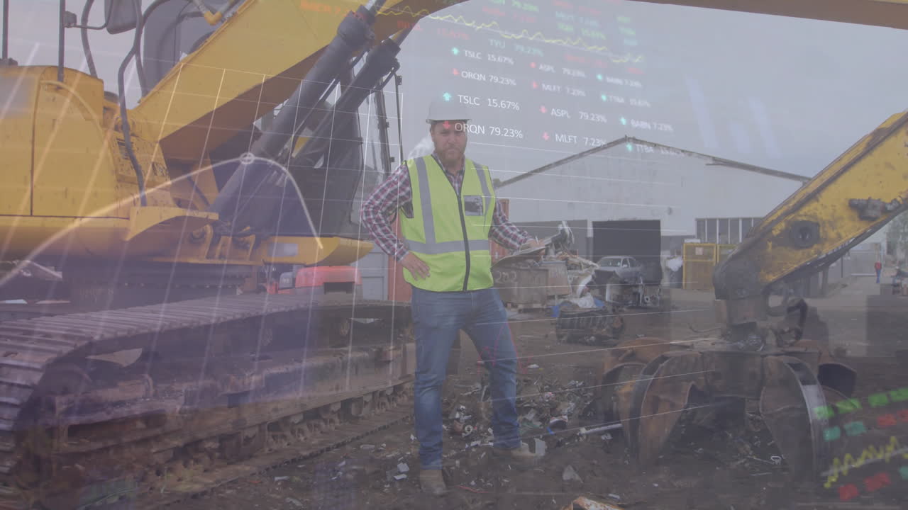 animación de procesamiento de datos financieros sobre hombre biracial por excavador