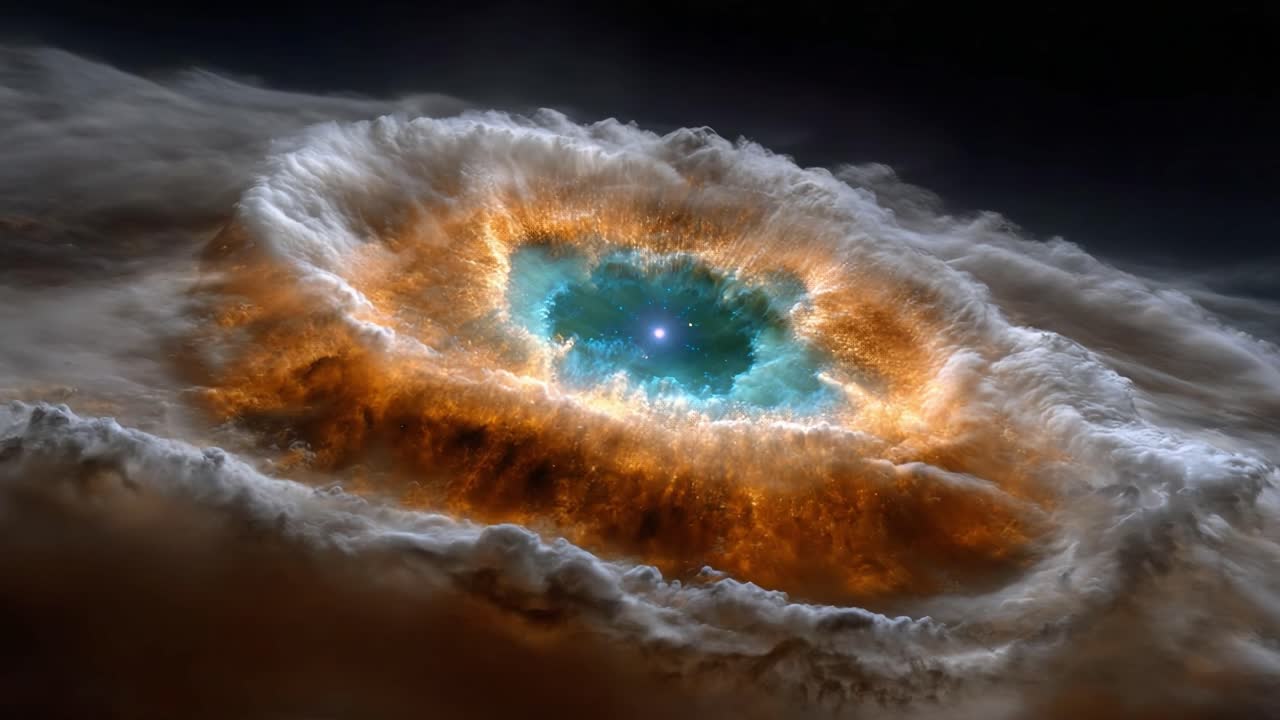 A Stunning Cosmic Nebula Displaying a Vibrant Color Palette of Honeyed Oranges, Deep Blues, and Luminous Whites Against a Darkened Celestial Background