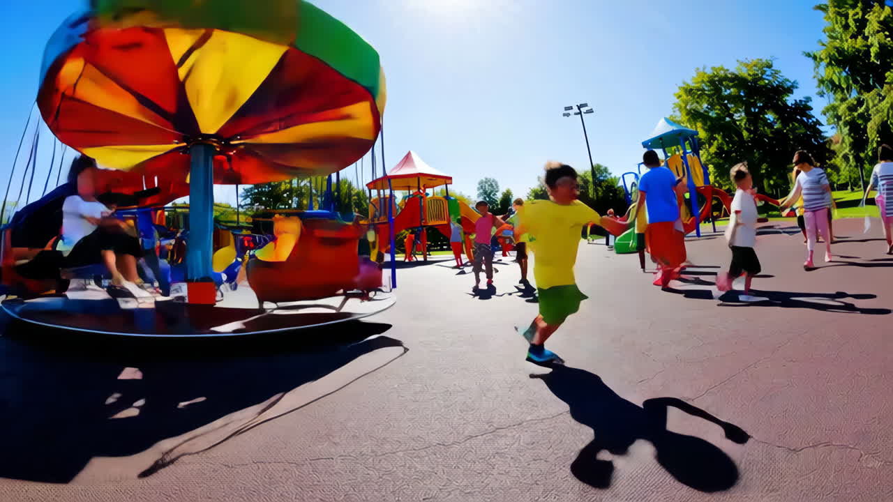 Children playing at a colourful playground on a sunny day