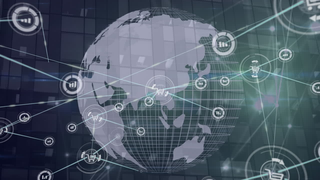 유리 건물 위의 선과 지구와 연결된 바 그래프와 카트 아이콘의 애니메이션