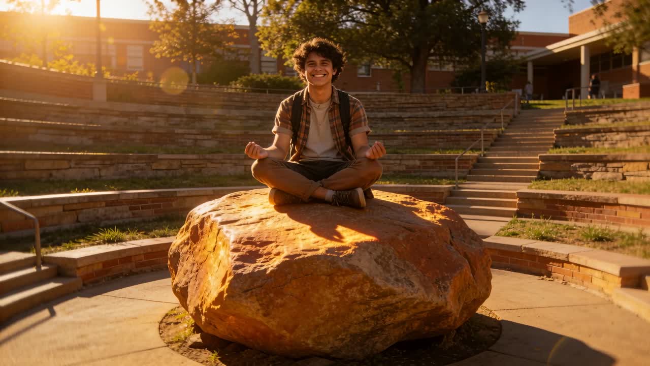 Estudiante sentado con camisa a cuadros meditando en una roca en el anfiteatro del campus, la luz del sol provocando una sonrisa