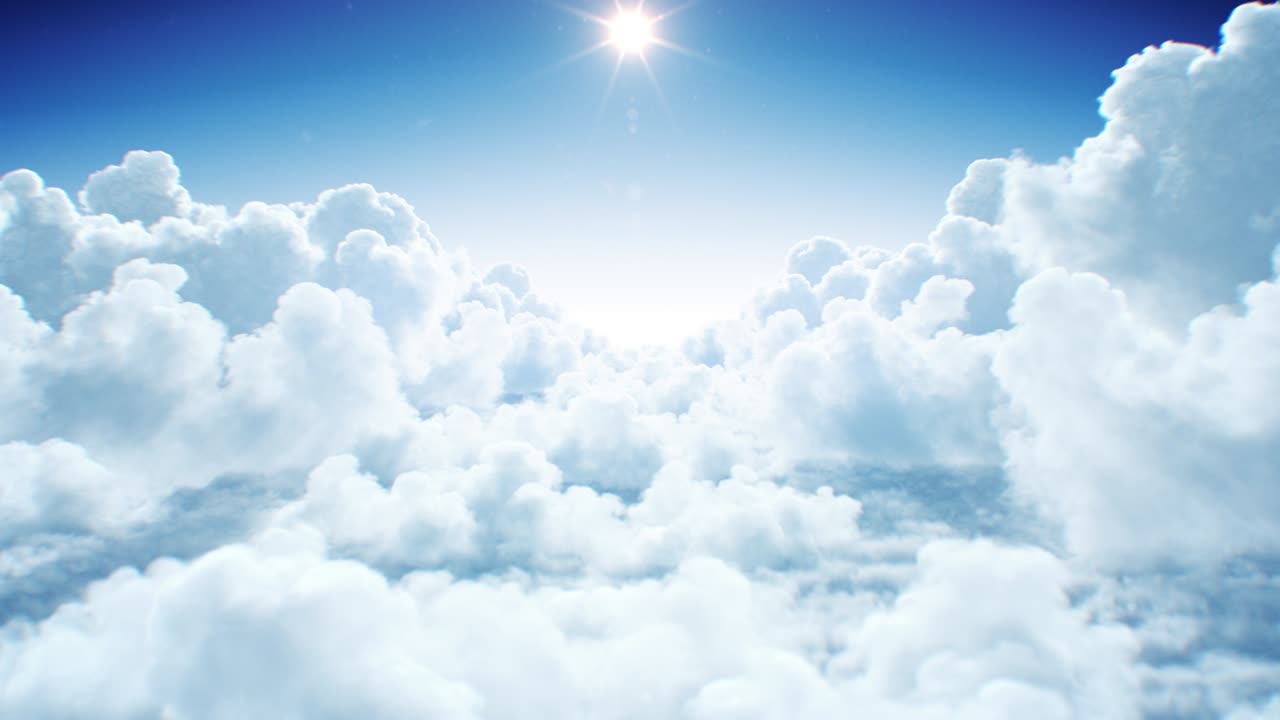 빛나는 밝은 빛과 함께 아름다운 구름을 통해 경치 좋은 비행, 은 낮의 빛, 현실적인 끝없는 구름의 위를 날아, 오후의 빛 아래 3d 애니메이션을 looped.